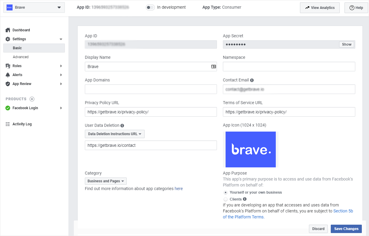Integrate Facebook Login - Brave